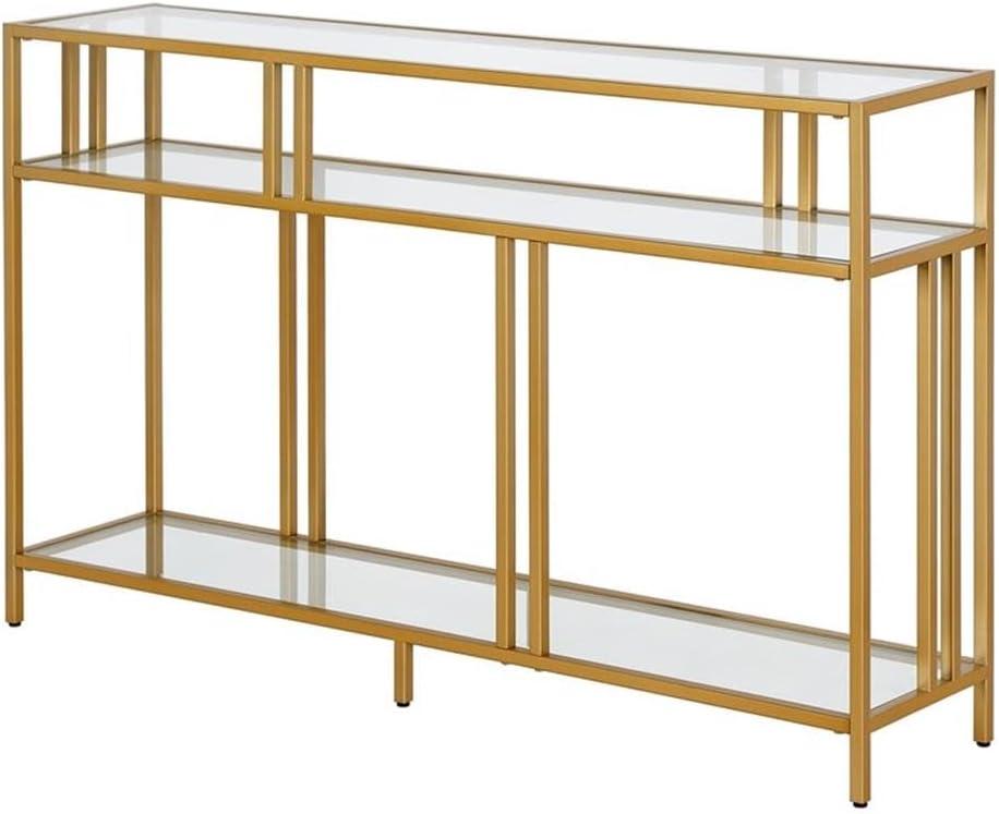 Evelyn&Zoe Cortland 48" Wide Rectangular Console Table with Glass Shelves, Brass