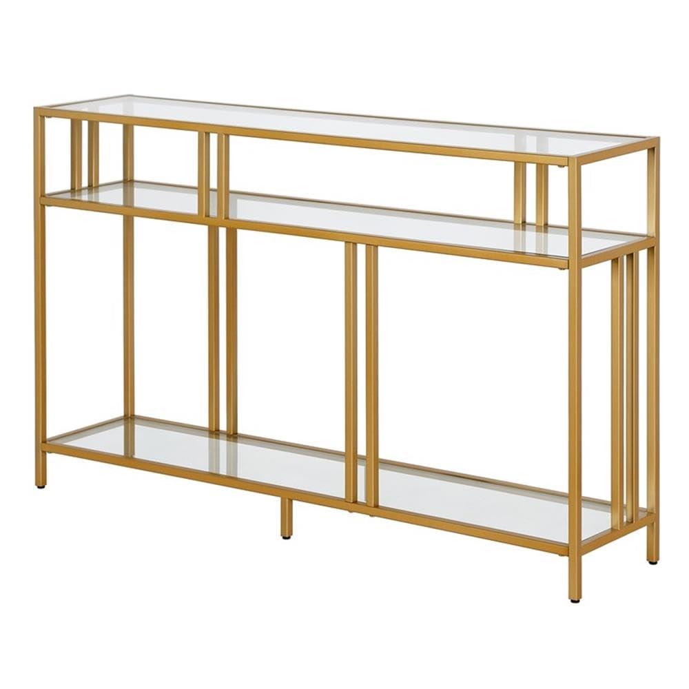 Evelyn&Zoe Cortland 48" Wide Rectangular Console Table with Glass Shelves, Brass