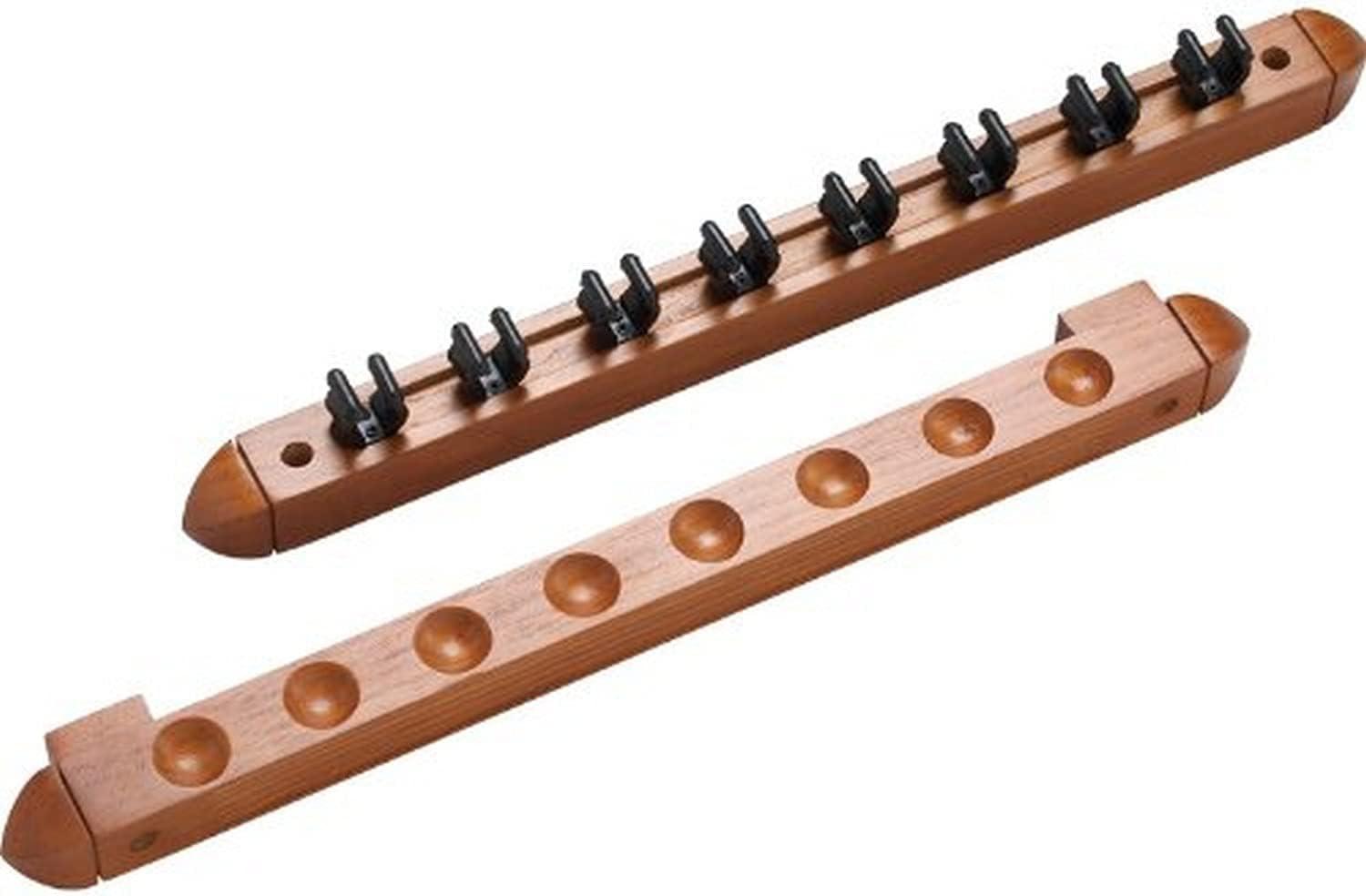 Light Brown Wooden 8-Cue Wall Rack with Clips