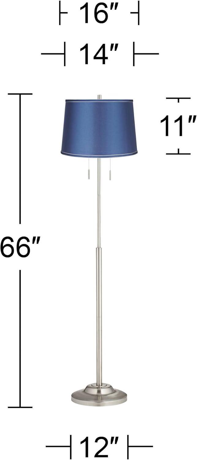 360 Lighting Abba Modern Floor Lamp Standing 66" Tall Brushed Nickel Metal Blue Satin Fabric Drum Shade for Living Room Bedroom Office House Home