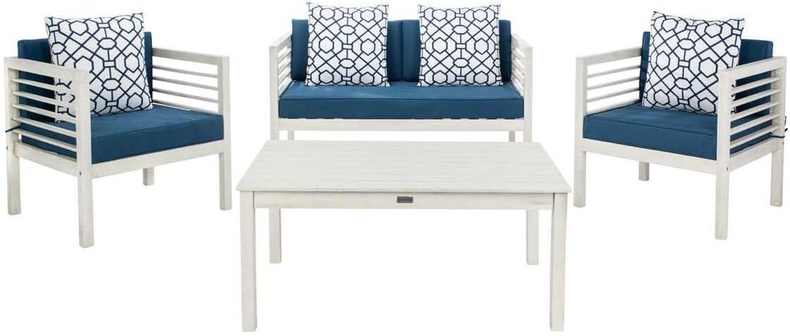 Alda 4 Piece Patio Outdoor Conversation Set With Accent Pillows - White/Navy/White - Safavieh