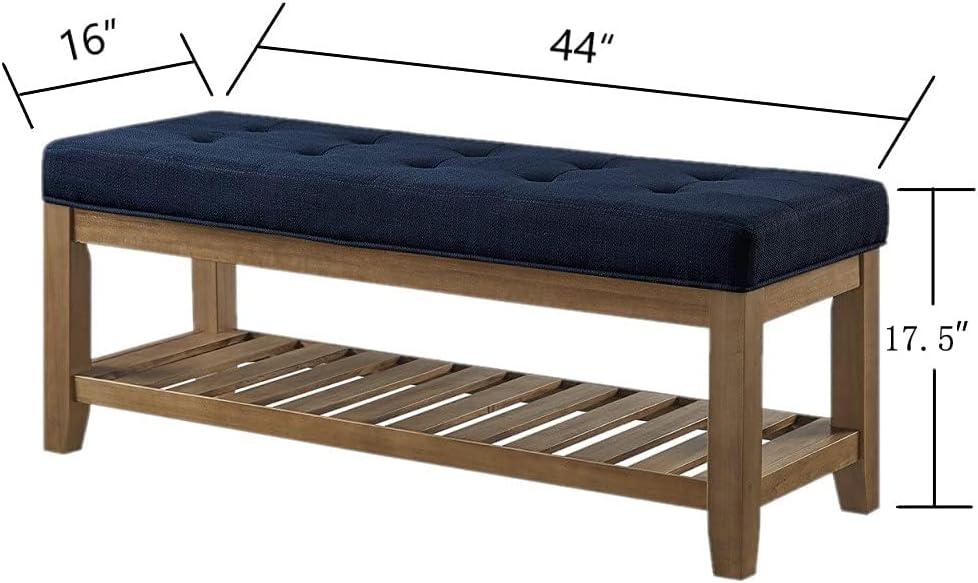 Navy Blue Tufted Linen Upholstered Bench with Wood Shelf