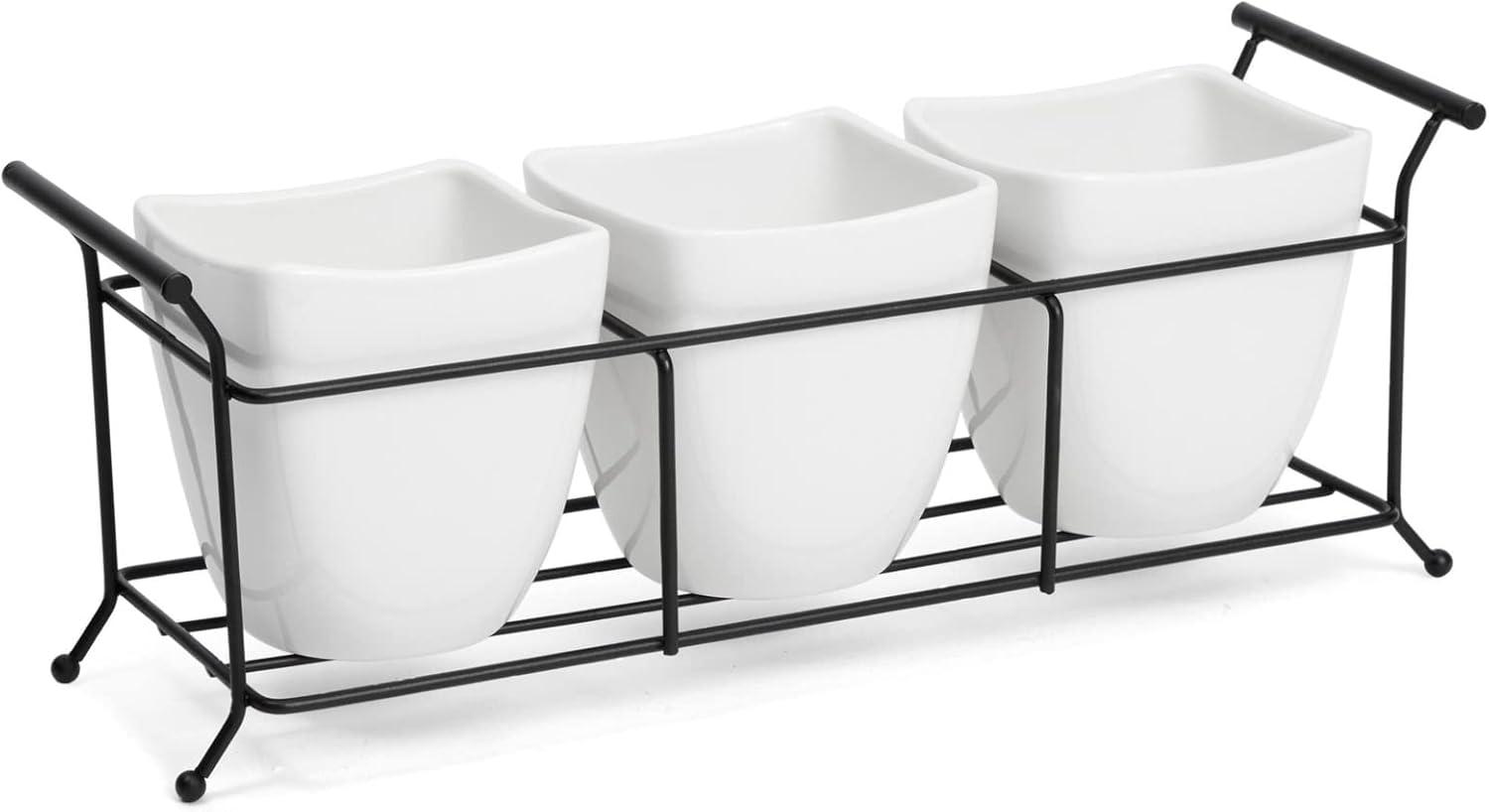 3 Piece White Ceramic Utensil Holder with Metal Stand, Flatware Caddy for Cutlery, Silverware, Kitchen Organizing (White, 13 x 4 x 5 In)