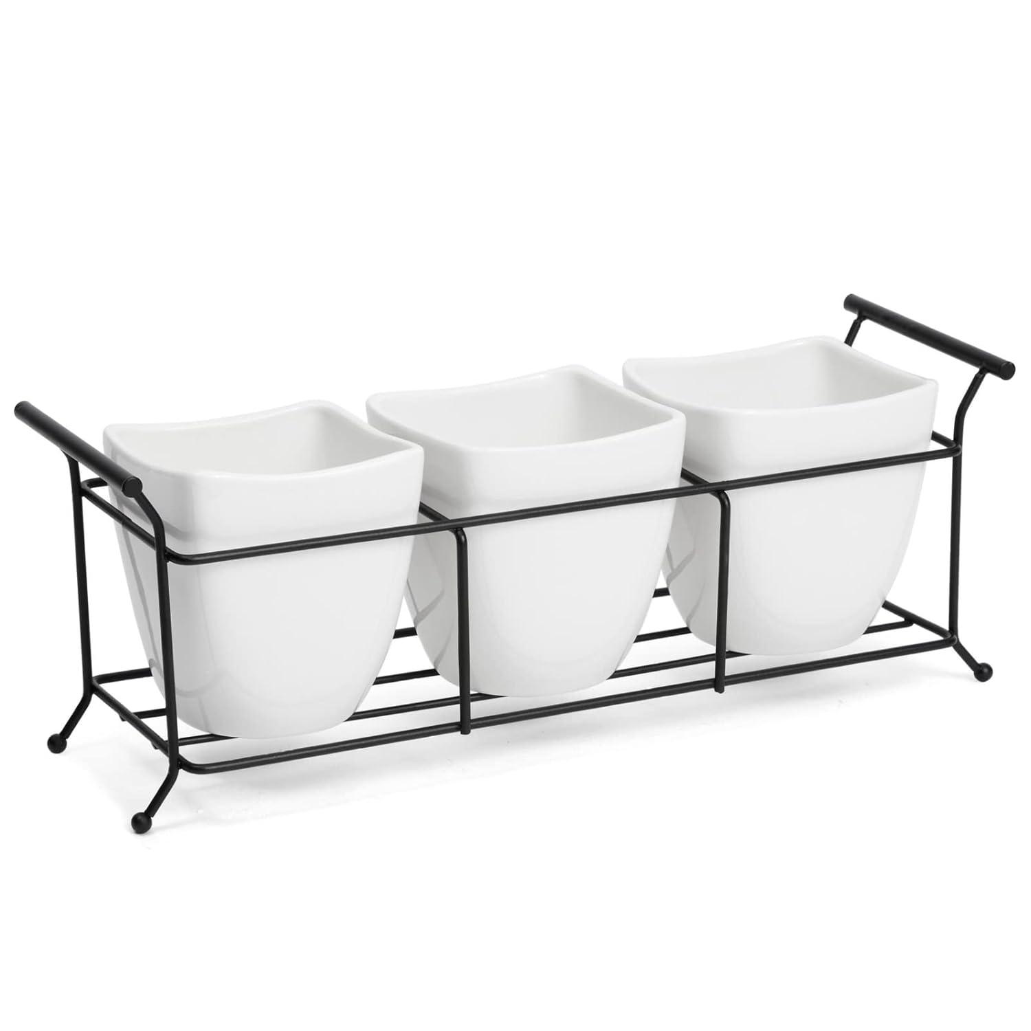 3 Piece White Ceramic Utensil Holder with Metal Stand, Flatware Caddy for Cutlery, Silverware, Kitchen Organizing (White, 13 x 4 x 5 In)