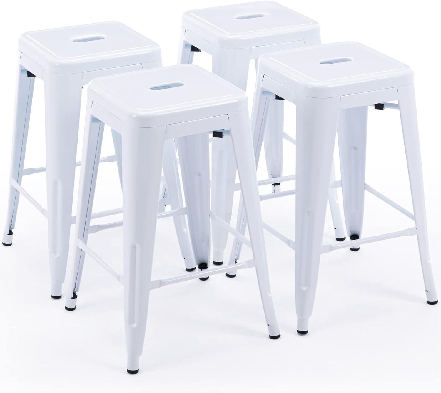 BestMassage Set of 4 Stackable Metal Bar Stools 24 Inch Counter Barstool Height Backless, White