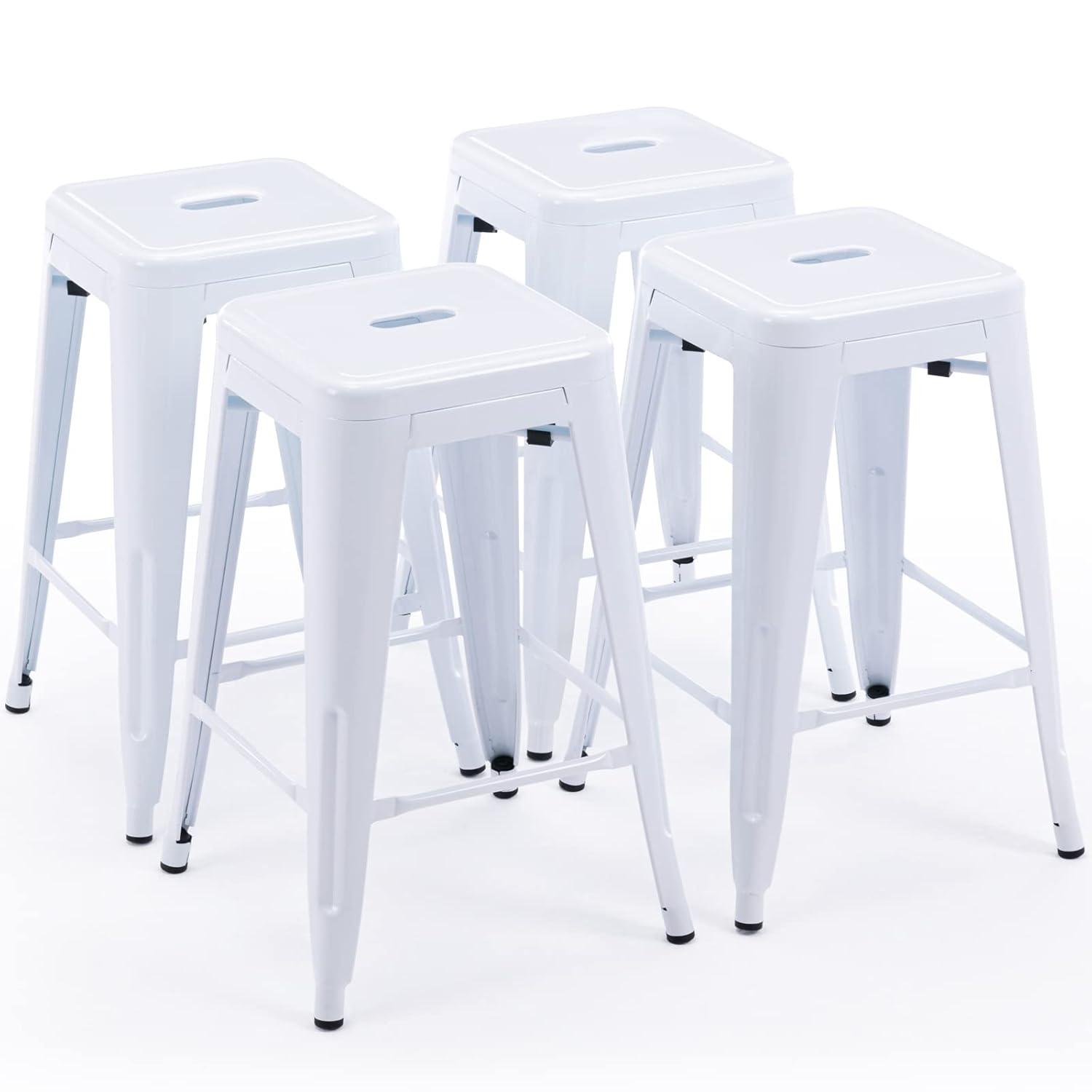 BestMassage Set of 4 Stackable Metal Bar Stools 24 Inch Counter Barstool Height Backless, White