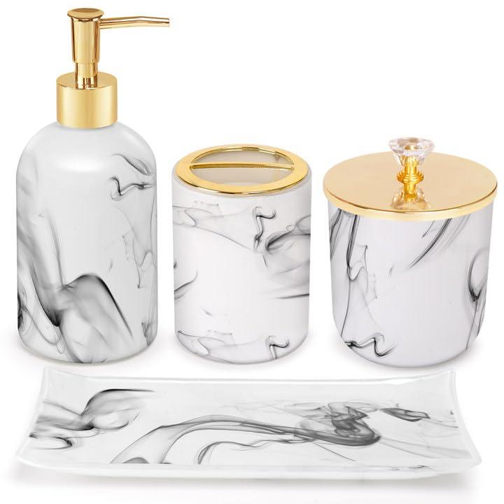 Haturi Bathroom Accessories Set, 4 Pcs Marble Look Sets Soap Dispenser & Toothbrush Holder Counter Top Restroom Apartment Decor Stuff, Glass Kits, Gift for Women and Men, Ink White