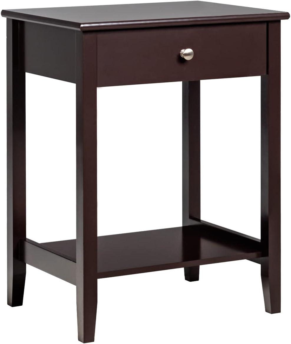 Tangkula End Table Nightstand w/Drawer & Shelf Bedroom Living Room Furniture Brown