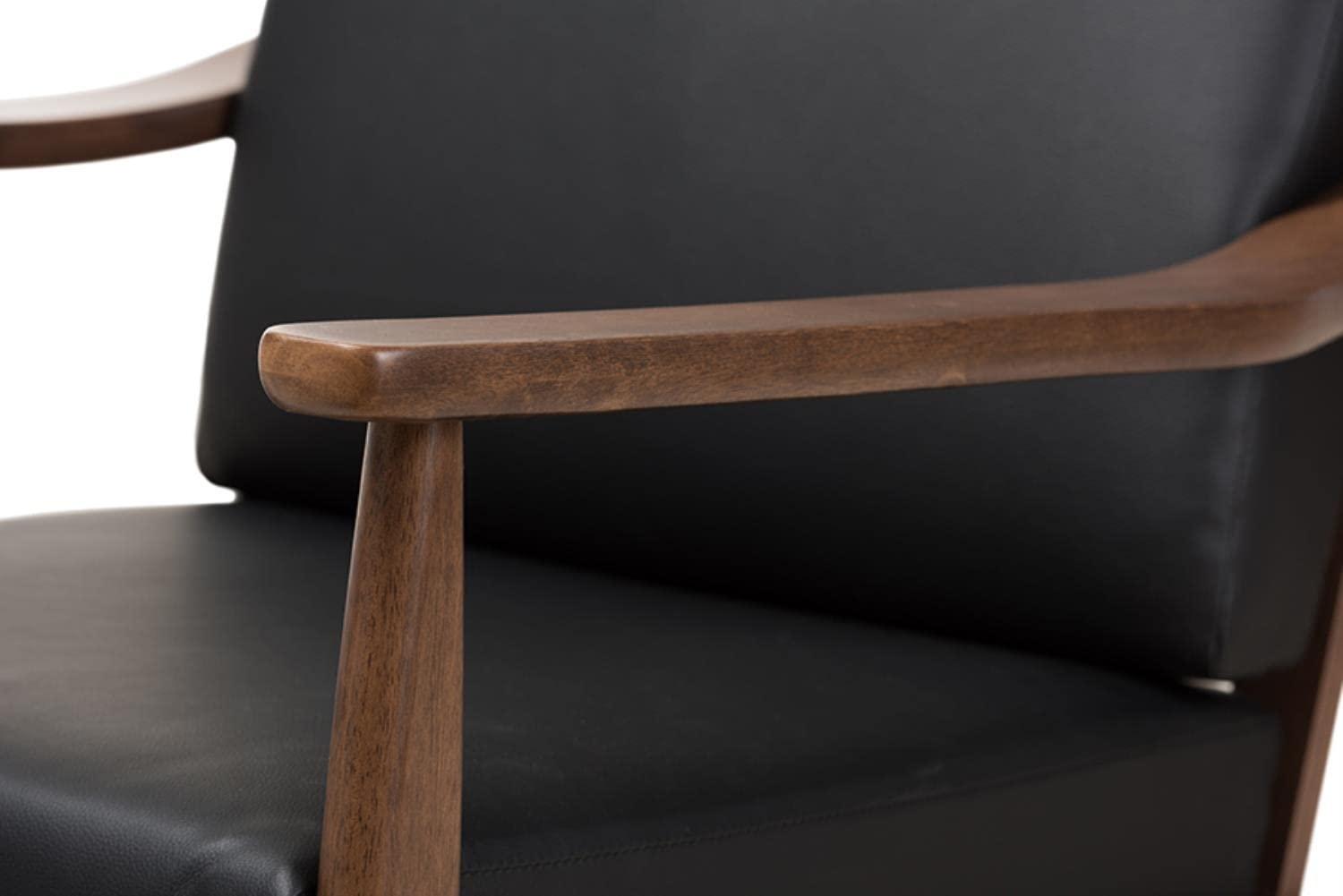 Venza Mid Century Modern Walnut Wood Faux Leather Lounge Chair Black - Baxton Studio: Indoor Armchair, Rubberwood Frame