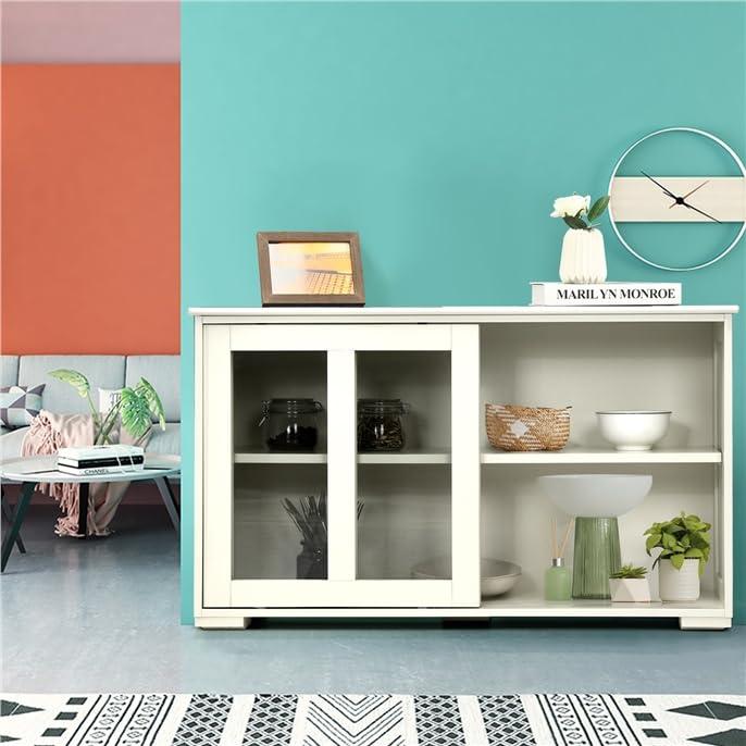 Costway Storage Cabinet Sideboard Buffet Cupboard Glass Sliding Door Pantry Kitchen Off-White