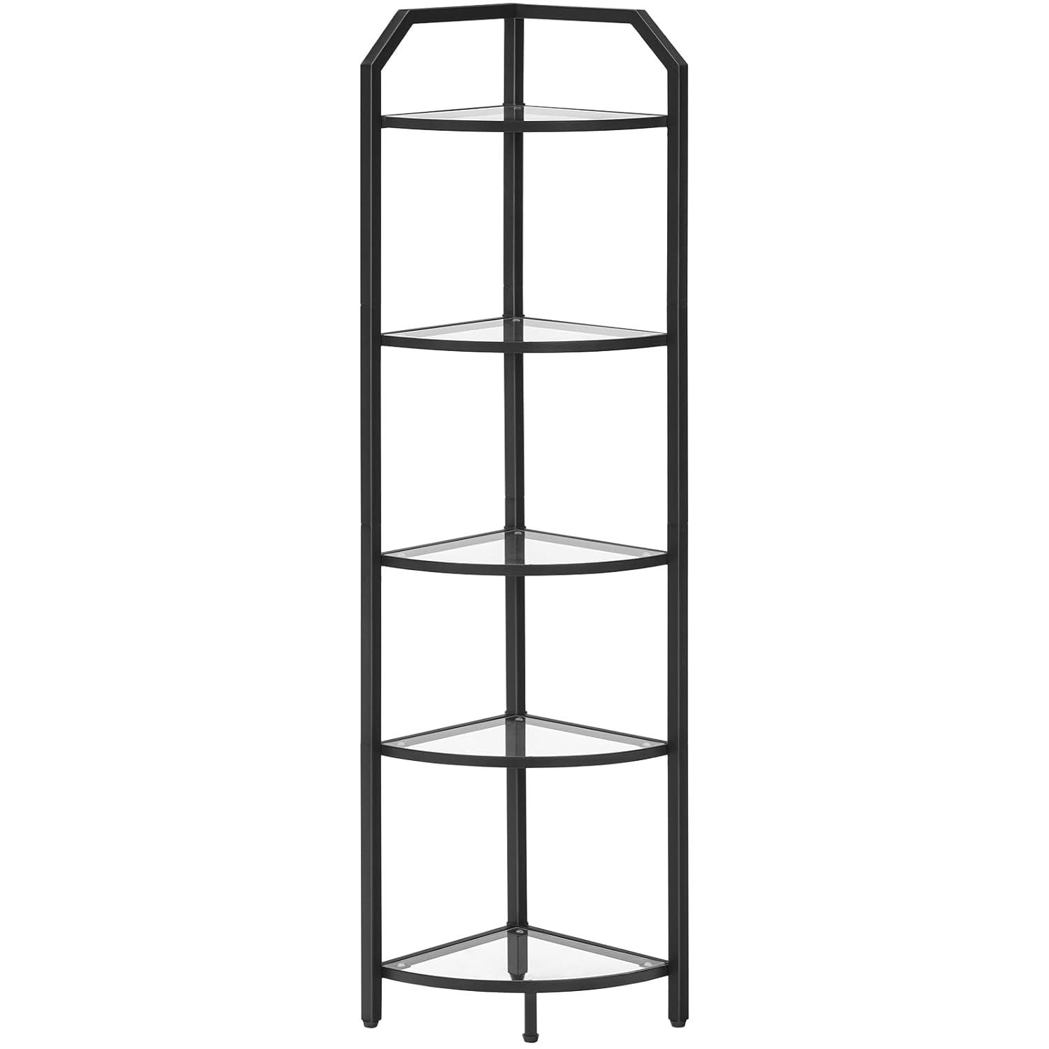 HOOBRO 5-Tier Corner Shelf Stand, Black Corner Bookshelf, Tempered Glass Shelves, Bathroom Organizer, Corner Plant Stand, for Living Room, Study, Balcony, Home Office, Modern Style, Black BK15CJ01