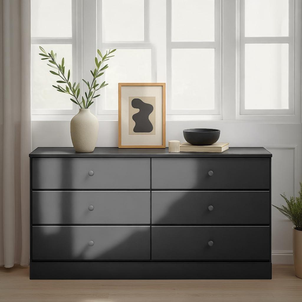Prepac Astrid 6 Drawer Dresser Black: Laminated Wood Composite, Metal Hardware, Safety Stops