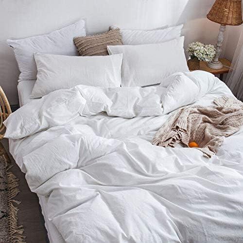 QUALITY FLOORING INC. Bedding Duvet Cover Set 100% Washed Cotton Linen Like Textured Breathable Durable Soft Comfy (Off White, King)