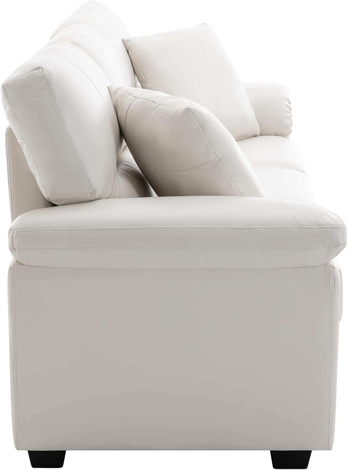 White Faux Leather Three-Seater Sofa with Removable Cushions