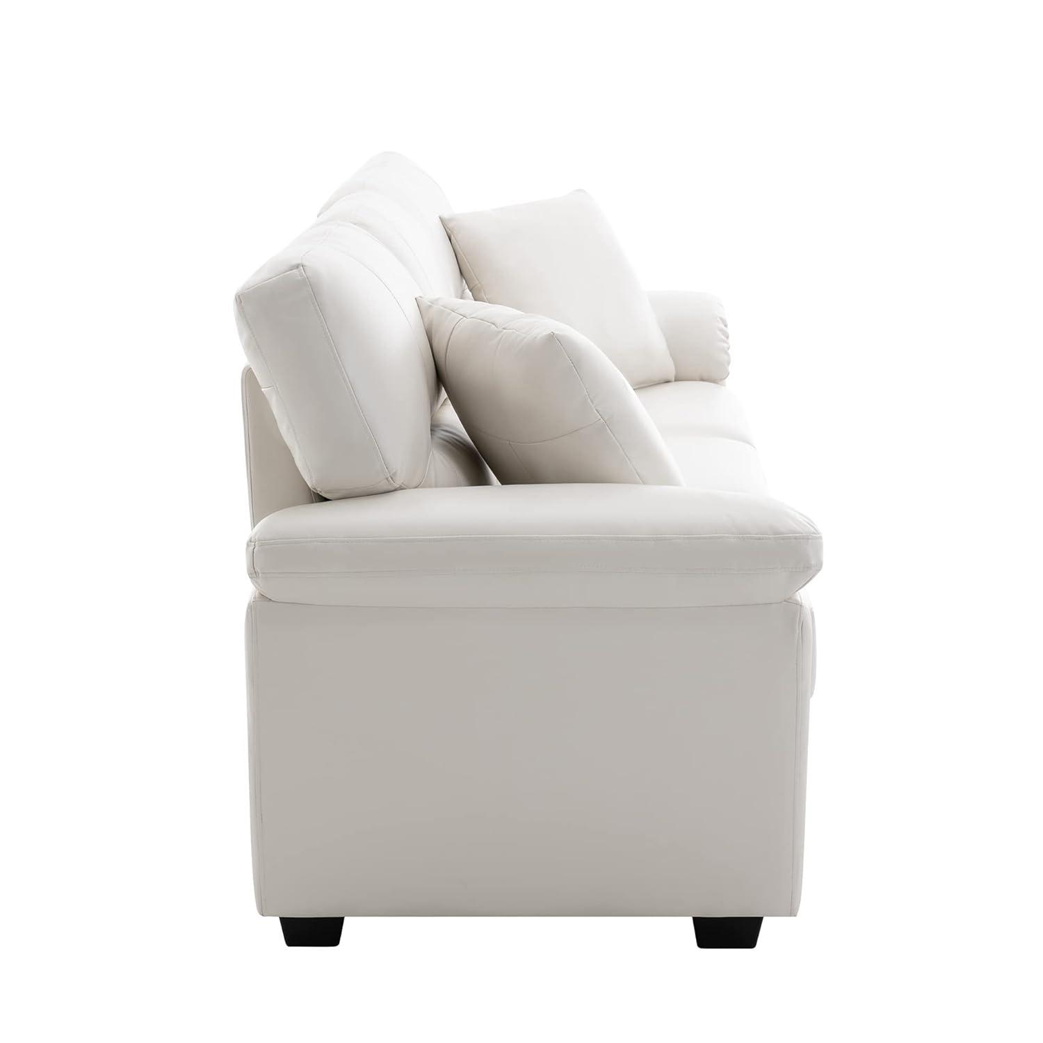 White Faux Leather Three-Seater Sofa with Removable Cushions