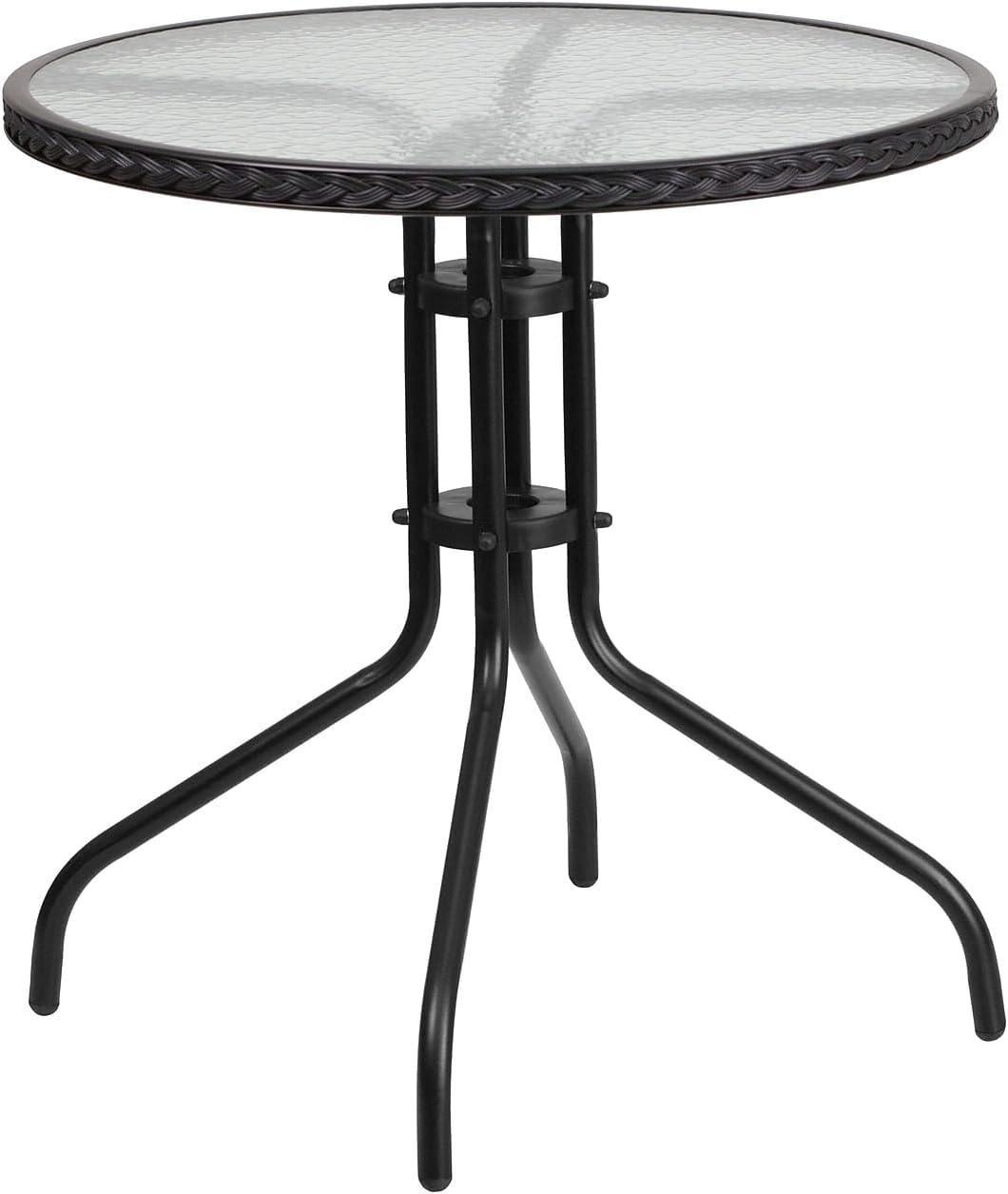Flash Furniture 28'' Round Tempered Glass Metal Table with Black Rattan Edging