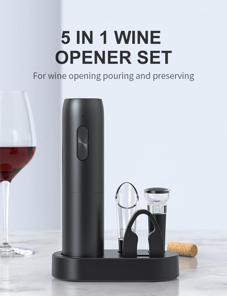 Rechargeable Electric Wine Opener, 5 in 1 set with Automatic Electric Wine Bottle Corkscrew Opener, Foil Cutter, Vacuum Stopper, Wine Pourer and Storage Charging Stand
