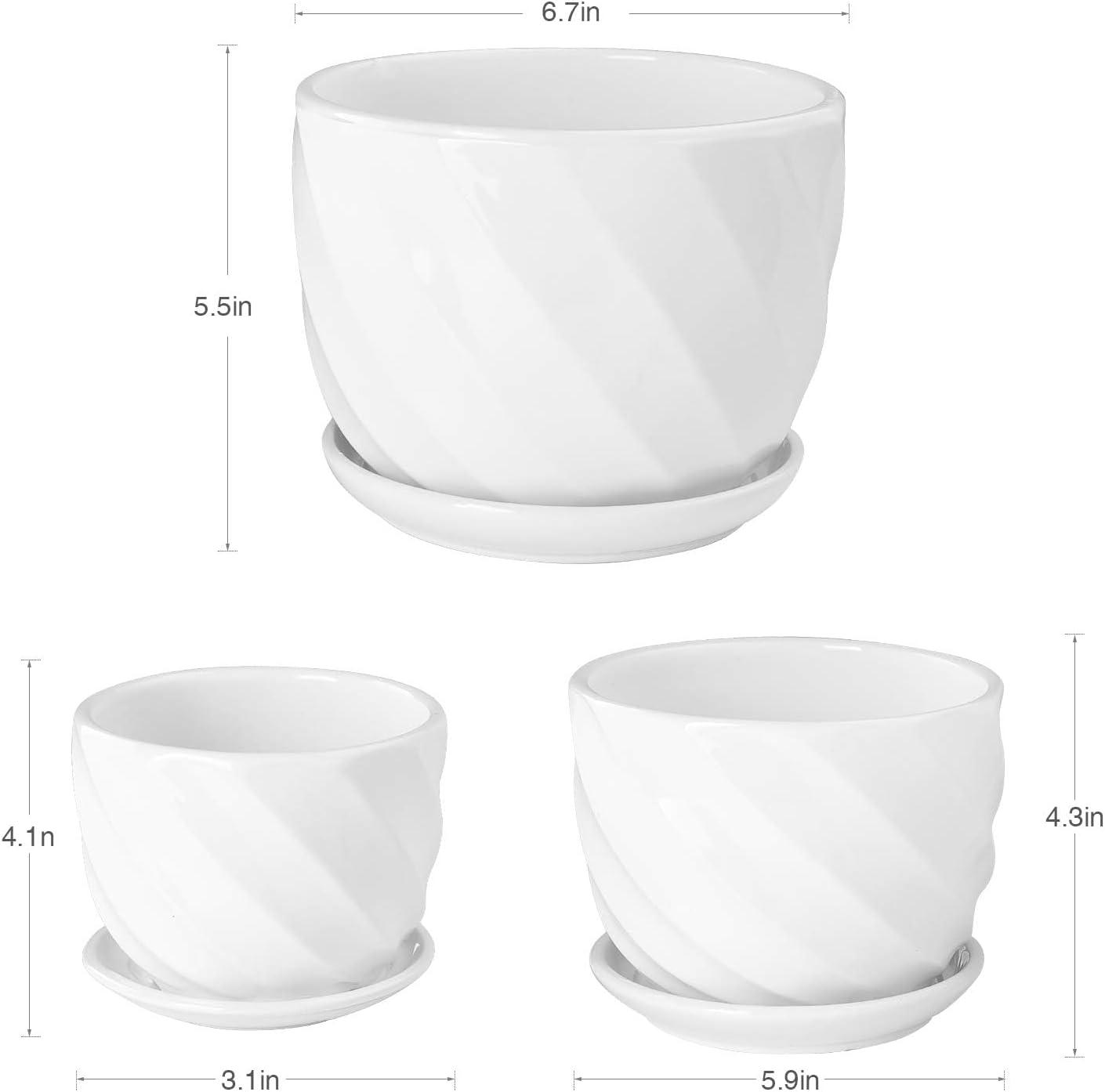 Set of 3 White Ceramic Indoor/Outdoor Planters with Saucers