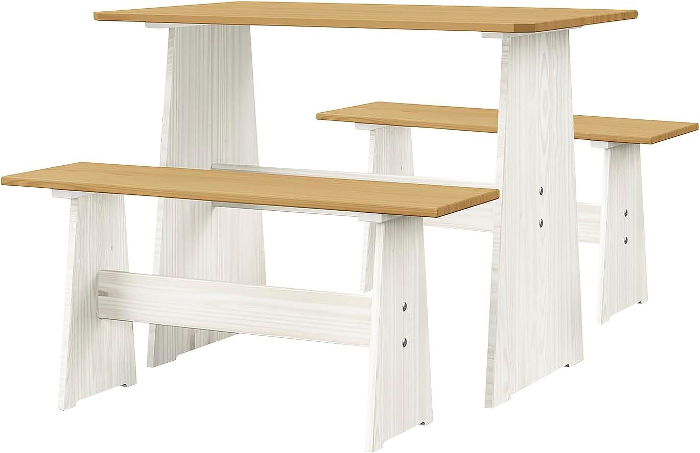 Urban Home Furniture Chapman 3 Piece Casual Dining 2-Tone Natural/White Solid Pine Wood Kitchen Table Set with 2 Benches, Kitchen Dining Set