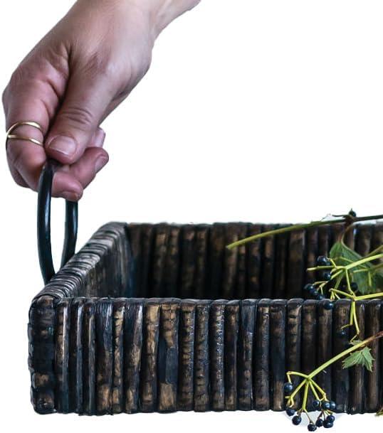 3R Studios Black Rattan and Wood Tray with Handles