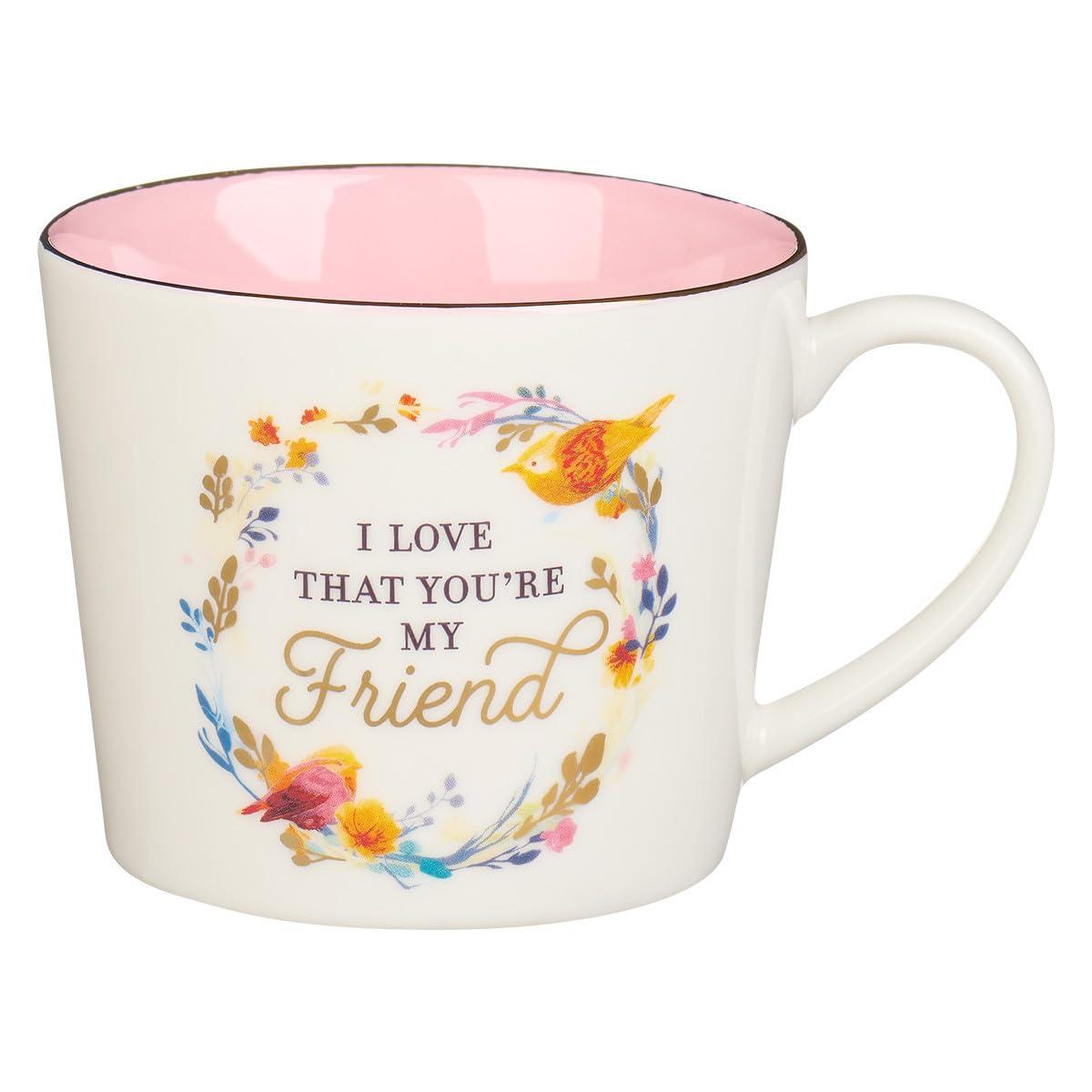 Christian Art Gifts Novelty Ceramic Floral Coffee & Tea Mug for Women: I Love that You're My Friend - Prov. 27:9 Inspirational Scripture, Lead-free Multicolor w/Birds & Gold Design, White/Pink, 13 oz.