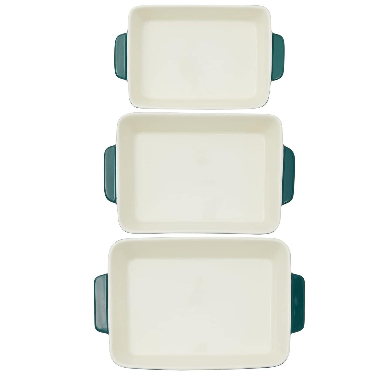 FETLOD 3 Piece Green Casserole Dishes For Oven Use, Baking, Rectangular Ceramic Bakeware Set In Assorted Sizes