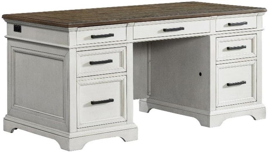 Rustic White and Oak 66" Executive Desk with Drawers