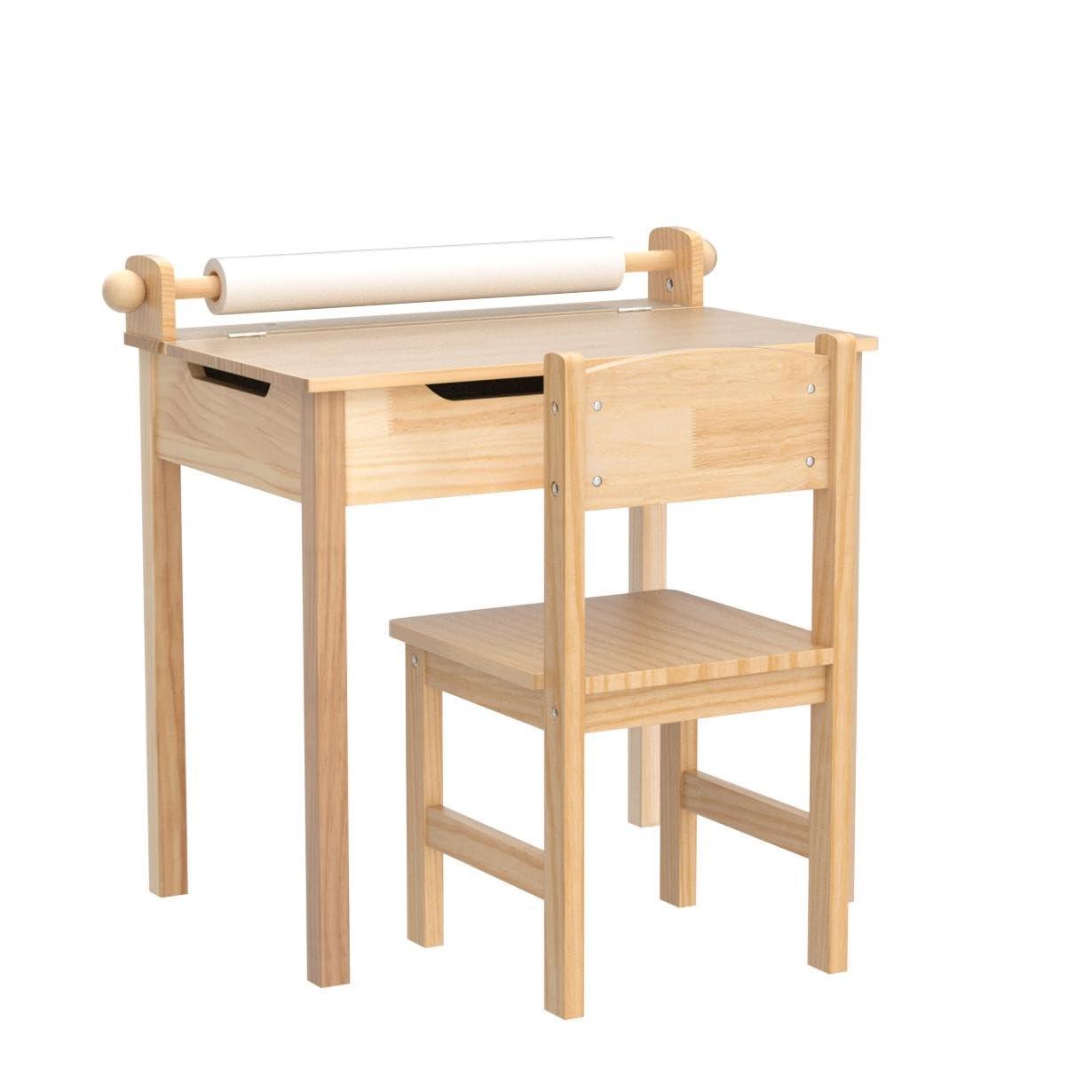 Resenkos Toddler Multifunctional Activity Table and Chair Set with Paper Roll Holder-Natural, Small Folding Table for Arts & Crafts, Snack Time, Homeschooling, Homework