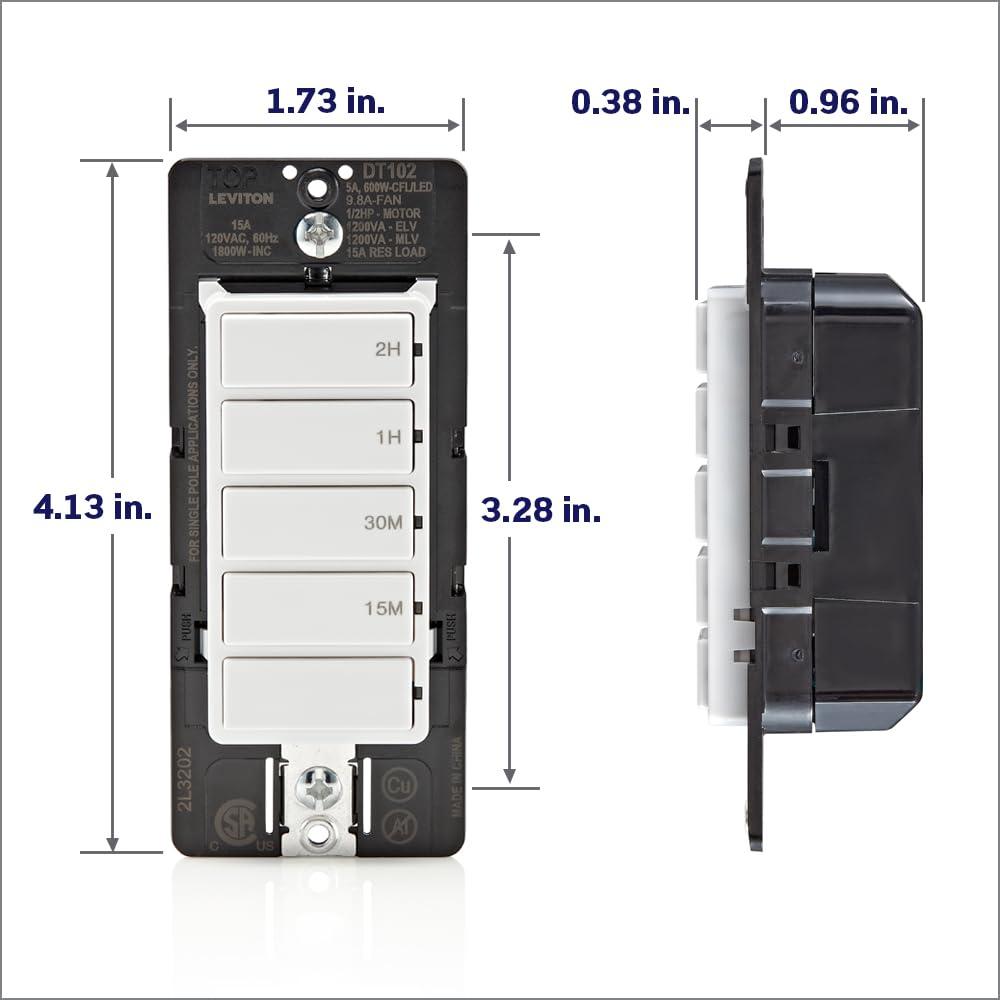 Decora 15 Amp 2-Hour Indoor In-Wall Timer Switch, 1/2 HP/9.8 Amp Fan/Motor, No Neutral Required, Single Pole, White