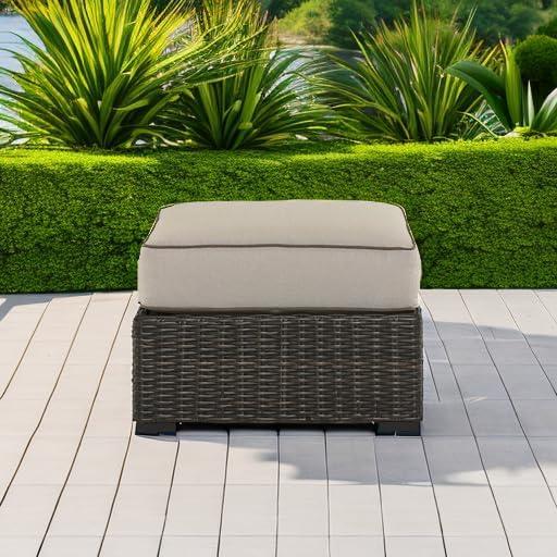 Signature Design by Ashley Coastline Bay Casual Outdoor Resin Wicker Ottoman with Cushion, Beige & Brown