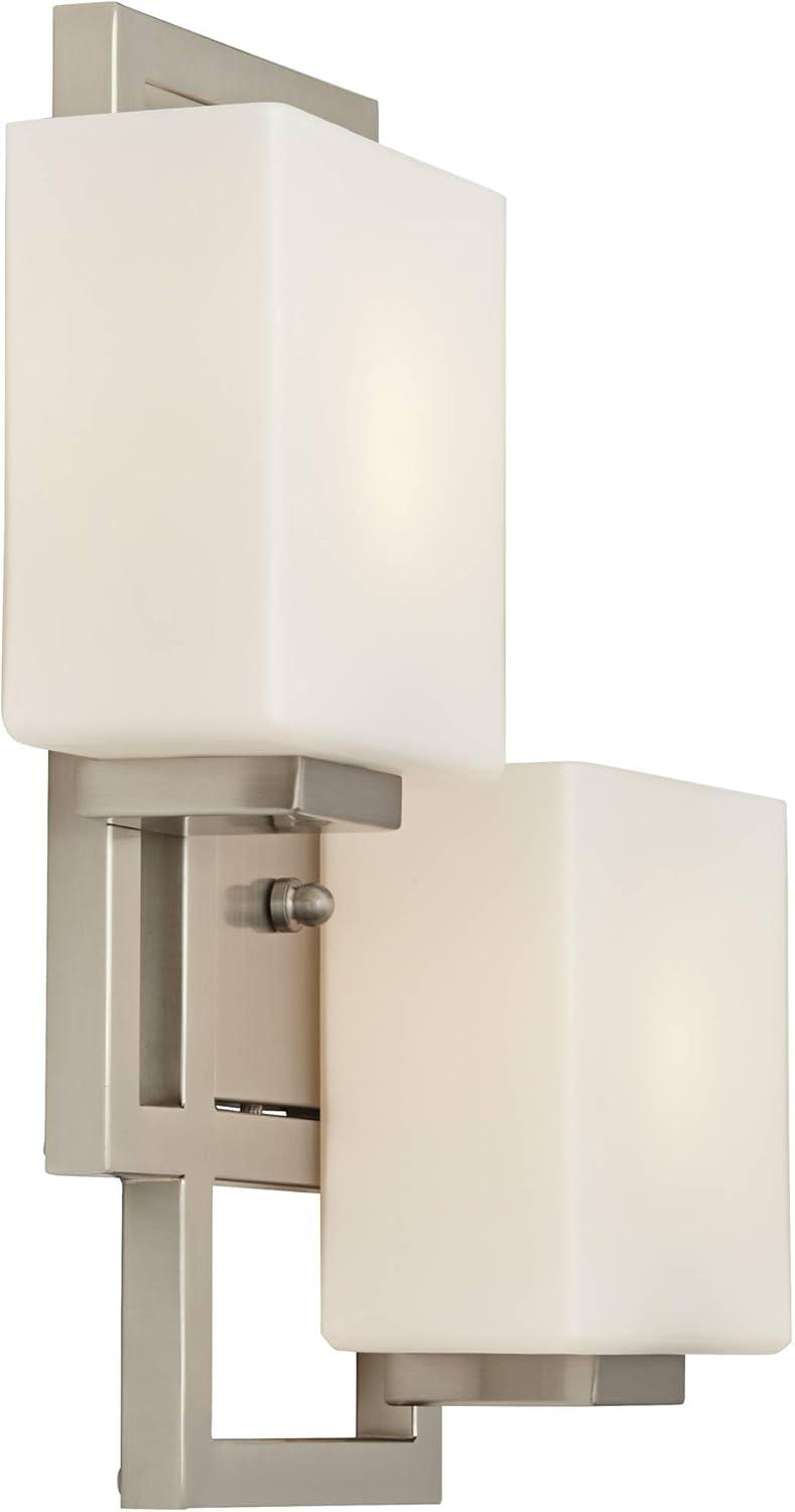 Possini Euro Design Modern Wall Light Sconce Brushed Nickel Hardwired 15 1/2" 2-Light Fixture Square Opal Glass Bedroom Bathroom