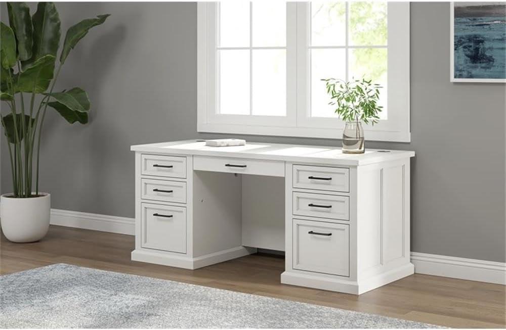 Modern Wood Double Pedestal Desk Fully Assembled White Finish - Abby Collection - Martin Furniture: Executive Office, Cable Management