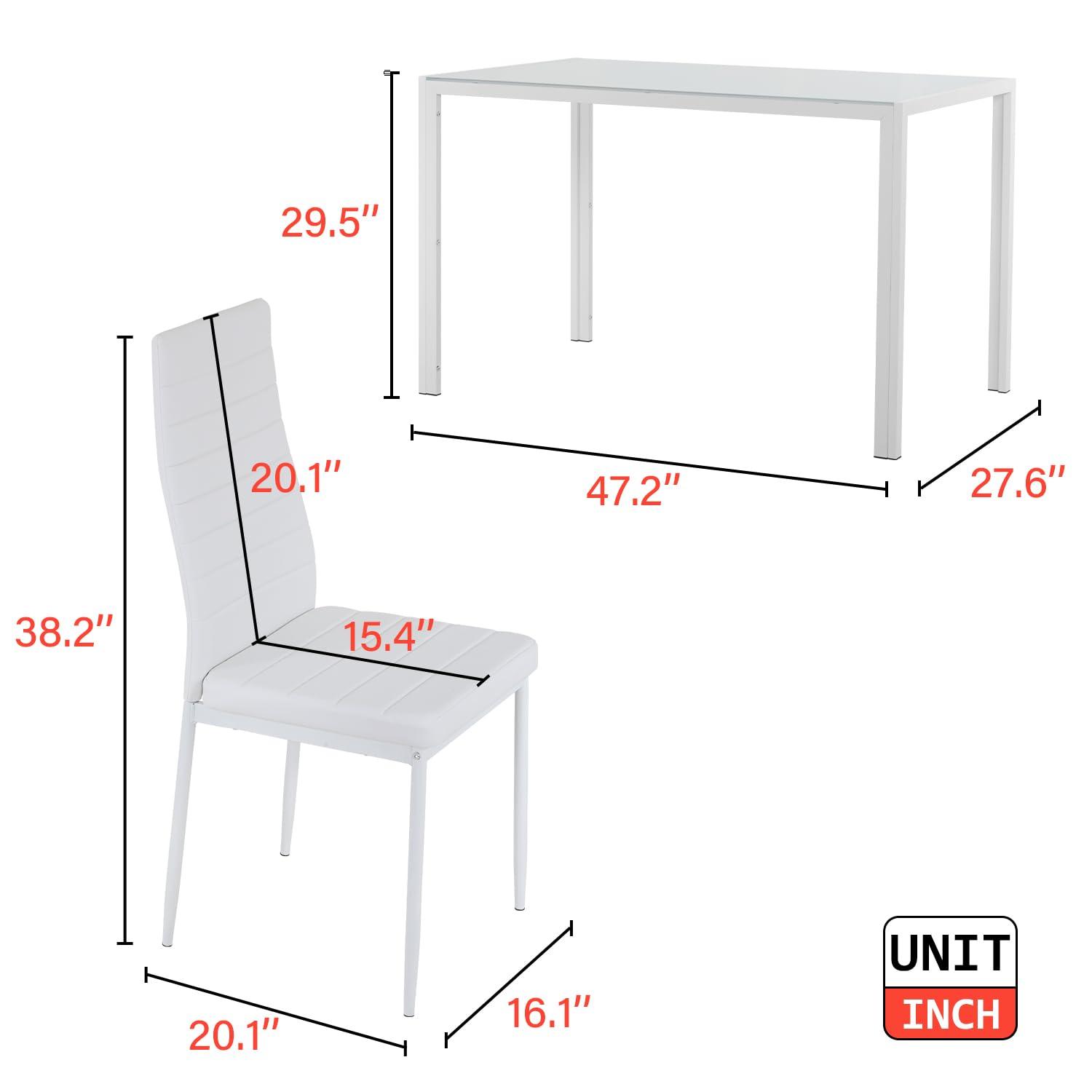 FDW Dining Table Set 5 Piece Dining Room Table Set with 4 Leather Chairs (White Glass)