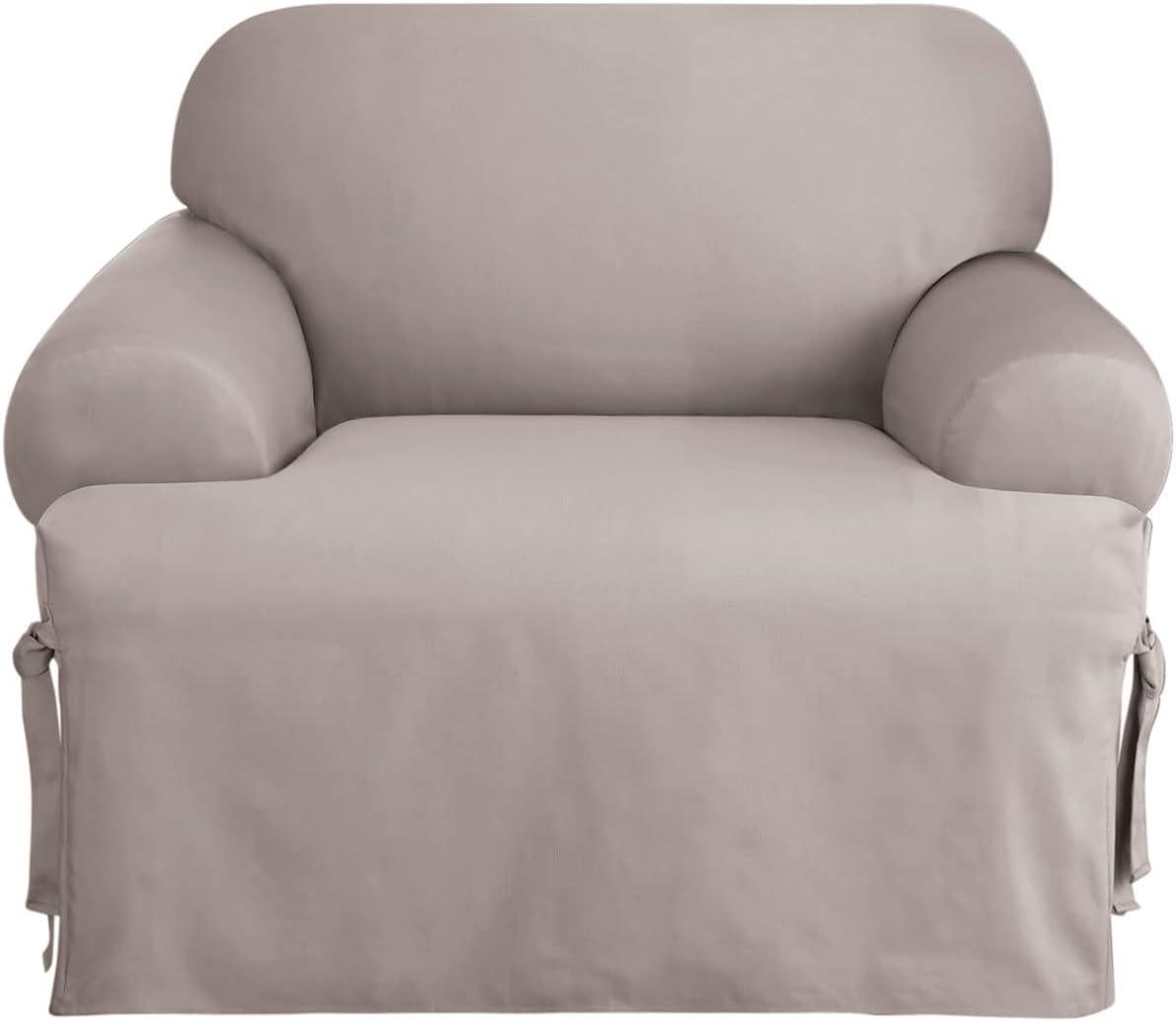 Gray Cotton T-Cushion Chair Slipcover with Elastic Closure