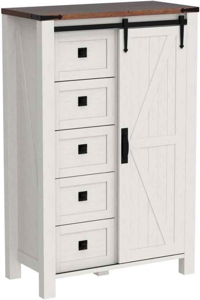 Farmhouse 5 Chest of Drawers, Tall Drawers Dresser with Sliding Barn Door