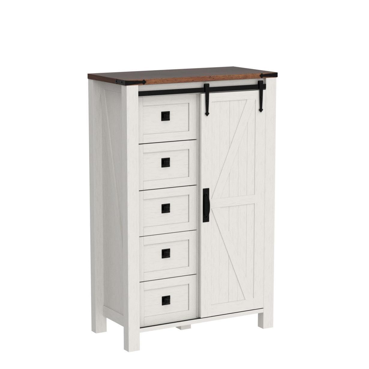 OKD 5 Drawer Dresser with Sliding Barn Door, Farmhouse Modern Storage Cabinet for Bedroom, Chest of Drawers Wood Organizer for Living Room, Antique White