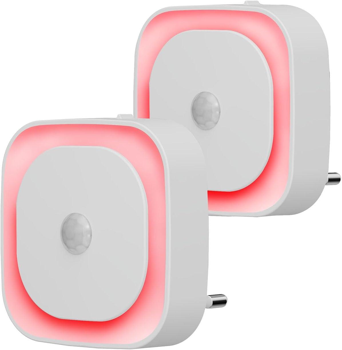 2 Pack Plug in Night Light with Motion Sensor & Dusk to Dawn Sensor, 3 Sensor Modes, Red Night Lights Plug into Wall, Dimmable Nightlight for Bedroom, Bathroom, Indoor, Gifts for Adults, Kids