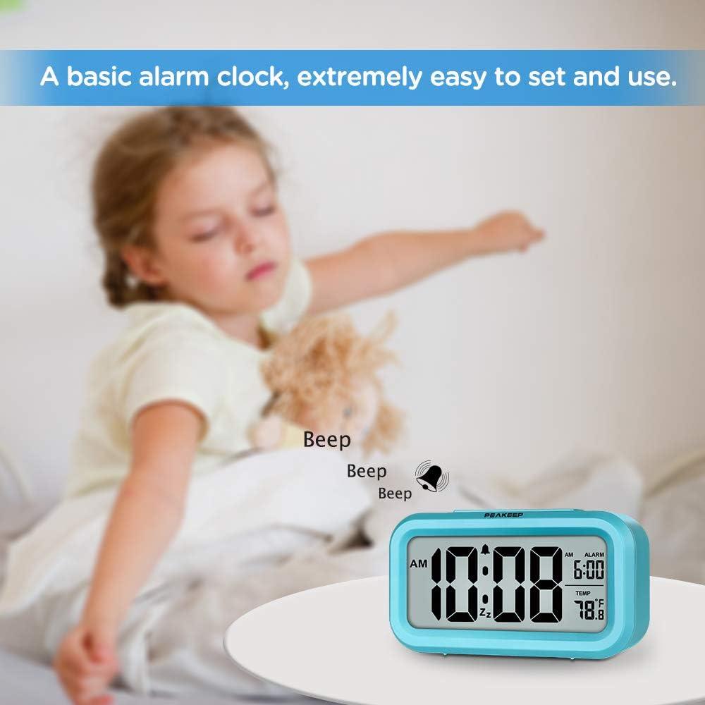 PEAKEEP Smart Night Light Digital Alarm Clock with Indoor Temperature, Battery Operated Desk Small Clock (Blue)