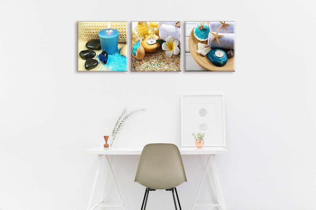 SPA Wall Art Decor for Bedroom, SZ Still Life Canvas Prints of Blue Sands, Candles & Stones, Massage Treatment Pictures (Waterproof Artwork, 1" Thick, Bracket Mounted Ready to Hang)