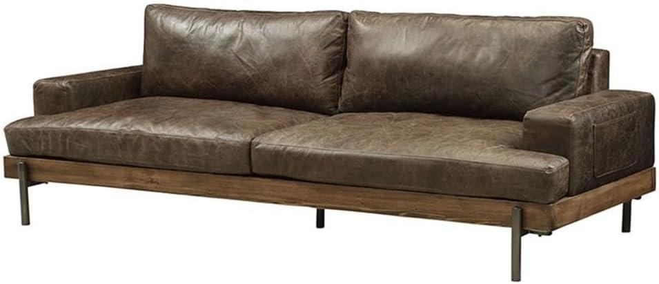 95" Silchester Sofa Distress Chocolate Top Grain Leather and Oak Finish - Acme Furniture