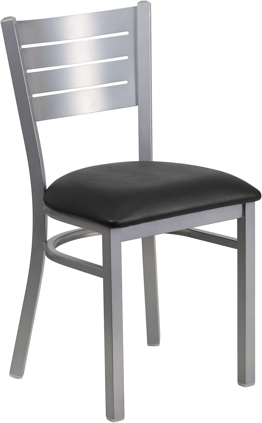 Flash Furniture HERCULES Series Silver Slat Back Metal Restaurant Chair - Black Vinyl Seat
