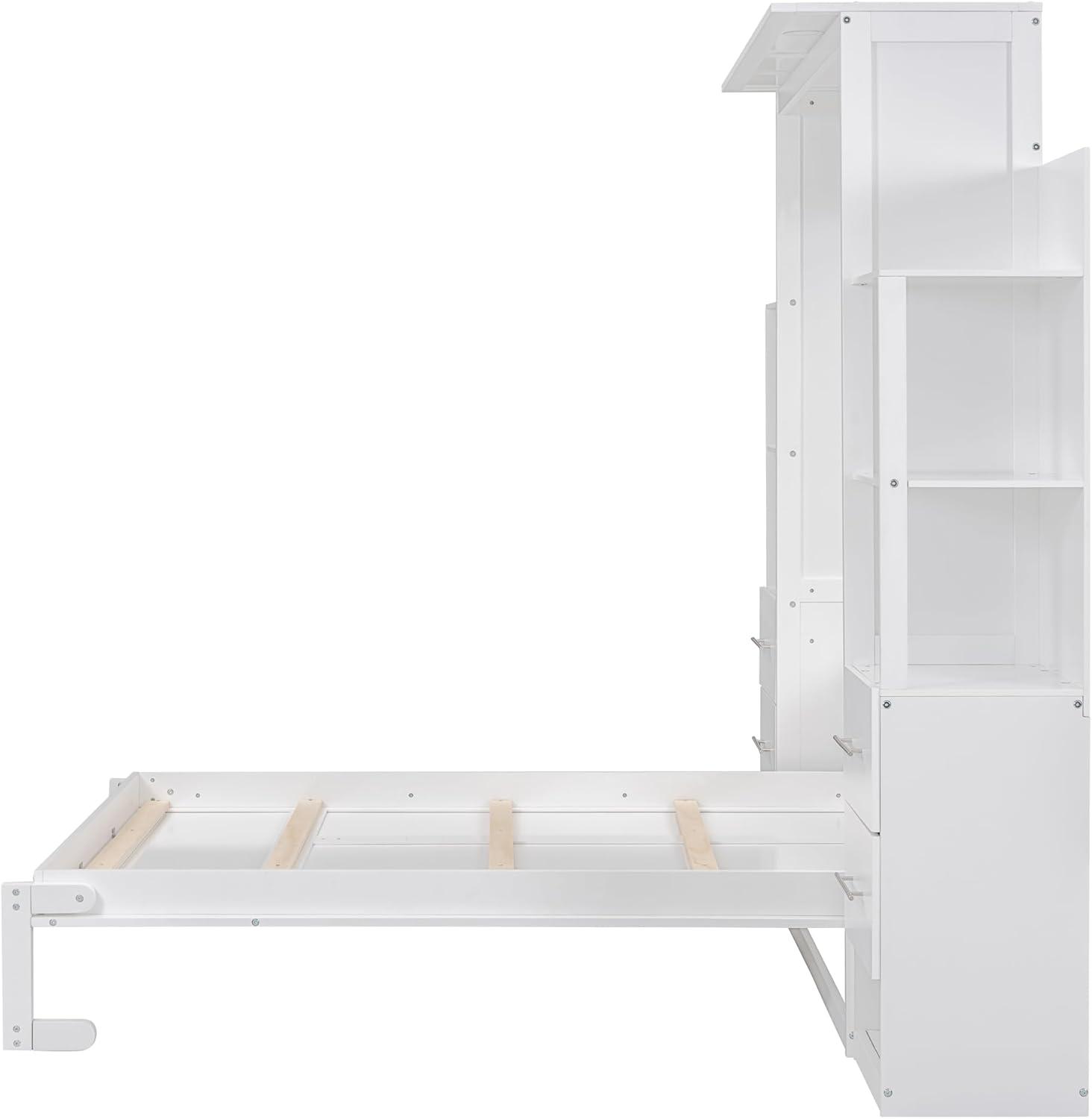 White Full Size Murphy Bed with Storage Shelves and Drawers