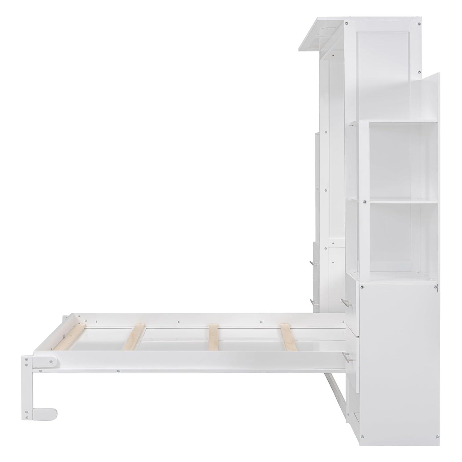 Harper & Bright Designs Full Size Murphy Bed Wall Bed with Storage Shelves, Drawers and LED Lights, Space-Saving for Multipurpose Guest Room or Home Office, White