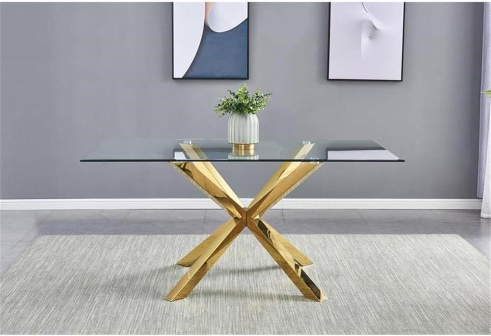 Elegant 63" Rectangular Clear Glass Dining Table with Gold Stainless Steel Base