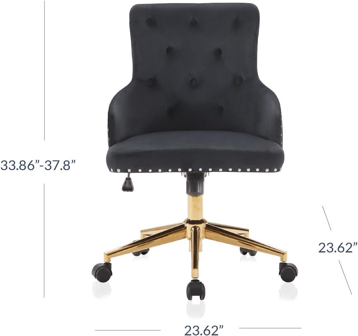 BELLEZE Belden Swivel Computer Desk Chair, Button-Tufted Upholstered Fabric with Nailhead Trim, Mid-Back Accent Armchair Adjustable Height, Black & Gold