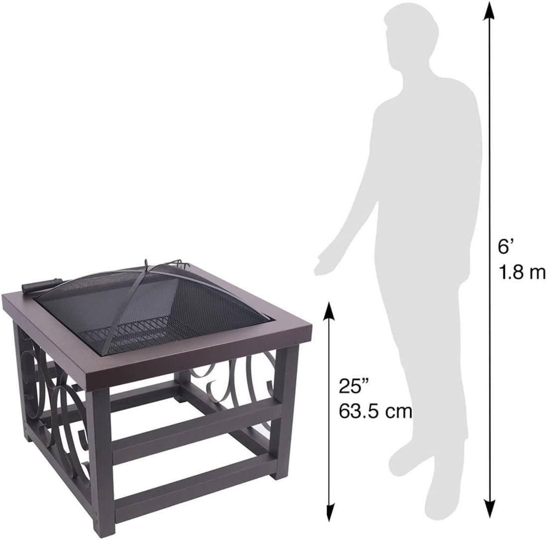 Blue Sky Outdoor Living 28” Square Raised Scroll Fire Pit with Log Grate, Spark Screen, and Lift, Tabletop-Style Steel Fire Pit, Bronze