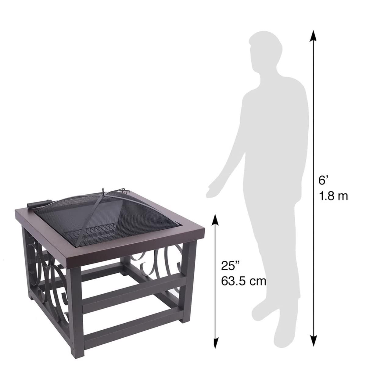 Blue Sky Outdoor Living 28” Square Raised Scroll Fire Pit with Log Grate, Spark Screen, and Lift, Tabletop-Style Steel Fire Pit, Bronze