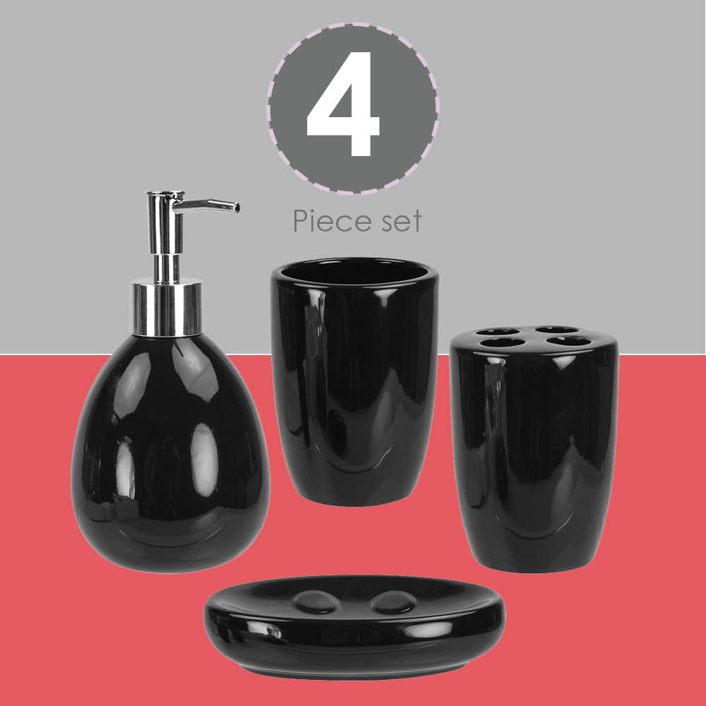 Home Basics 4 Piece Solid Print Ceramic Bath Accessories Sets, Black