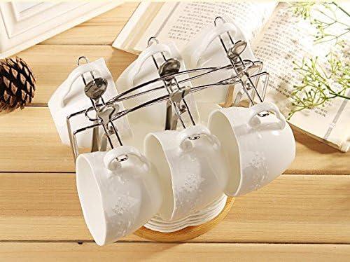 Jusalpha® White Porcelain 5OZ- Tea Cup and Saucer Coffee Cup Set with Saucer and Spoon, Set of 6 (6 Tea Cup Set With Bracket)