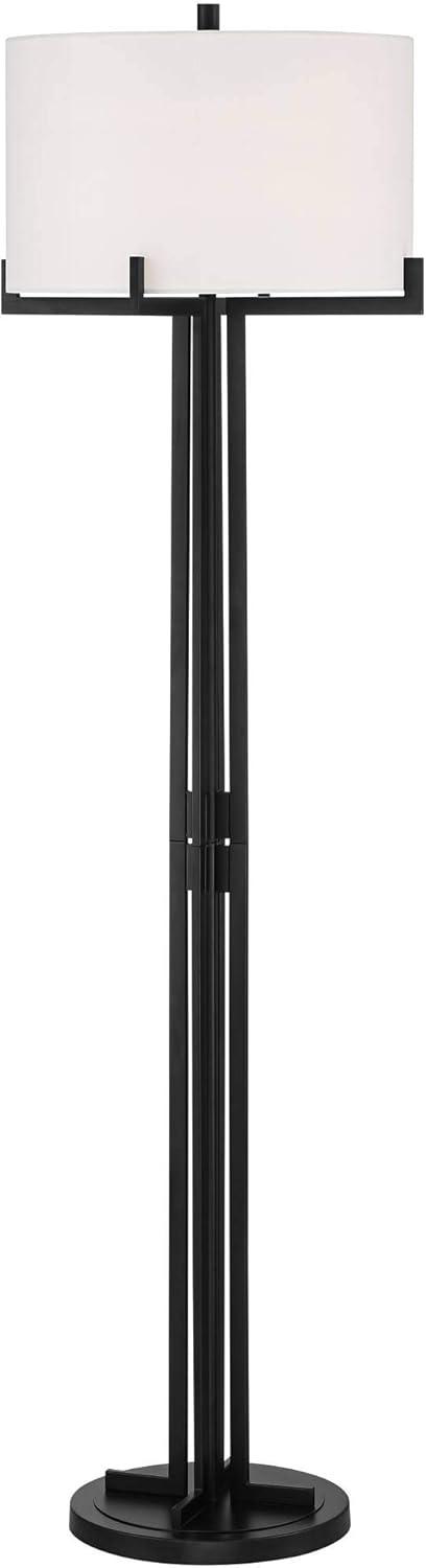 Possini Euro Design Madrid Modern Industrial Floor Lamp 64" Tall Matte Black Metal White Linen Hardback Drum Shade for Living Room Bedroom Office Home